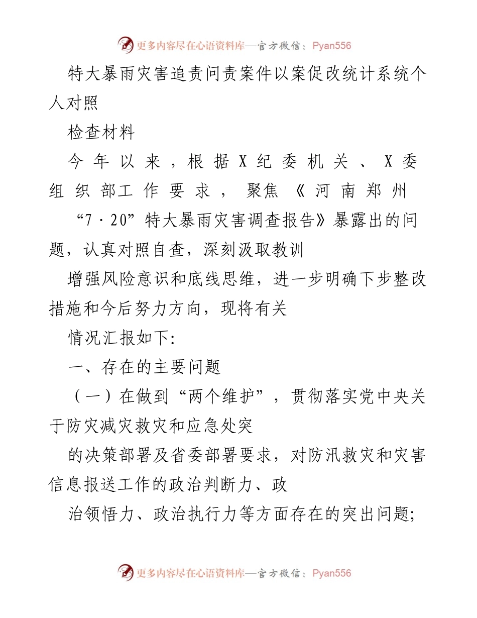 [工作总结] 灾害应急管理 - 特大暴雨灾害追责问责自查与整改情况汇报.docx_第1页