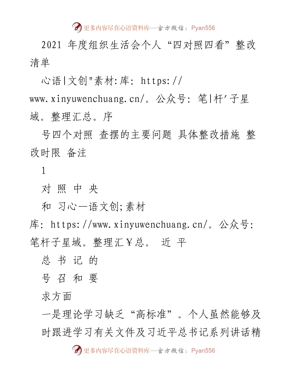 [工作总结] 组织生活会 - 2021年度个人“四对照四看”整改清单分析.docx_第1页