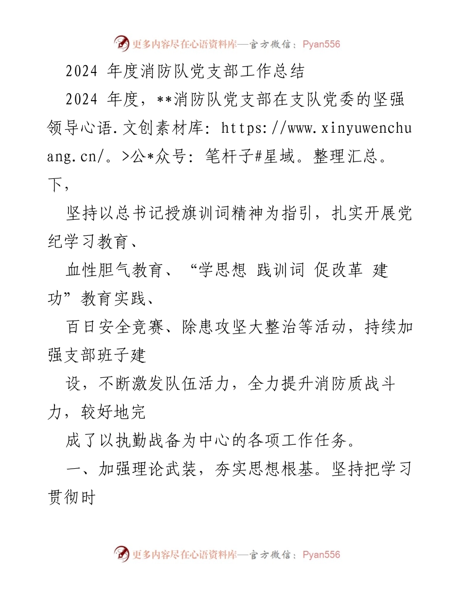 [工作总结] 消防队党支部 - 2024年度消防队党支部工作总结与党建成效分析.docx_第1页
