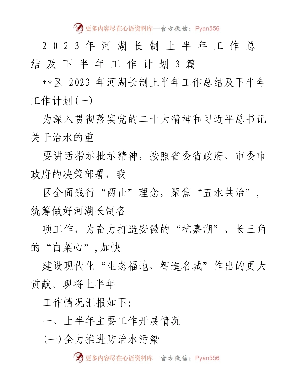 [工作总结] 河湖长制工作 - 2023年上半年河湖长制工作总结与下半年计划.docx_第1页