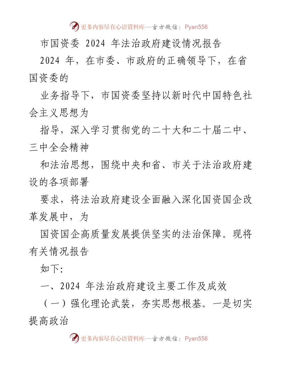[工作总结] 法治政府建设 - 2024年市国资委法治政府建设情况报告.docx_第1页