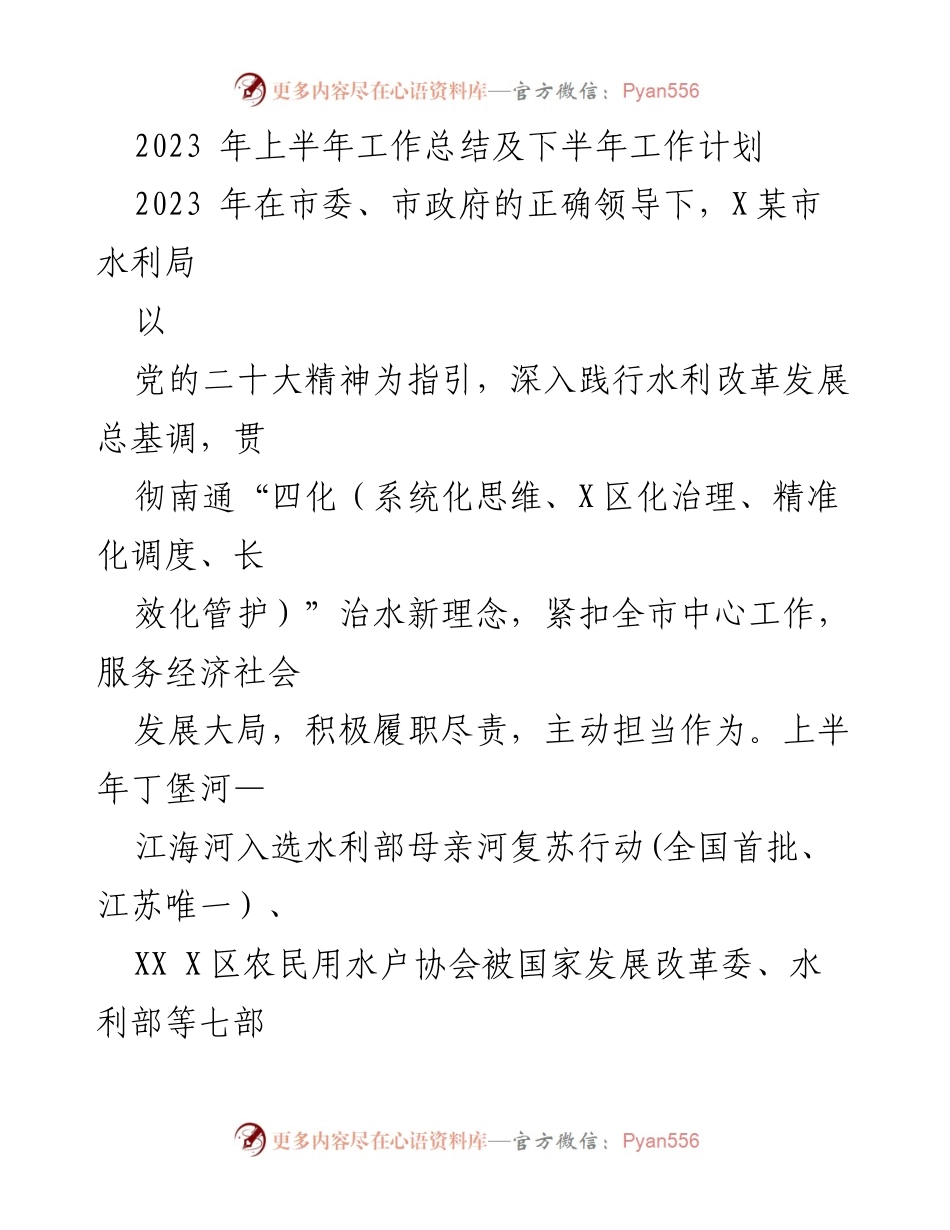 [工作总结] 水利局 - 2023年上半年工作总结及下半年工作计划.docx_第1页