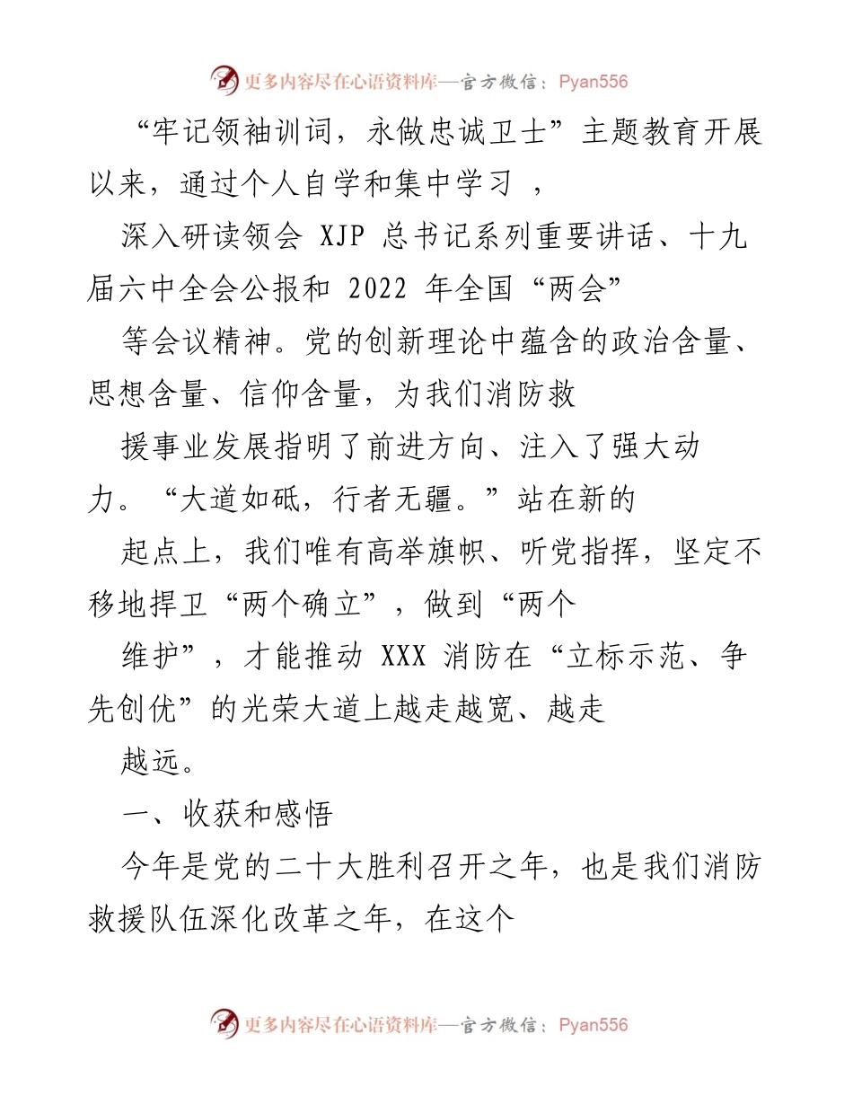 [工作总结] 消防救援队伍 - 牢记领袖训词，永做忠诚卫士主题教育的收获与思考.docx_第1页