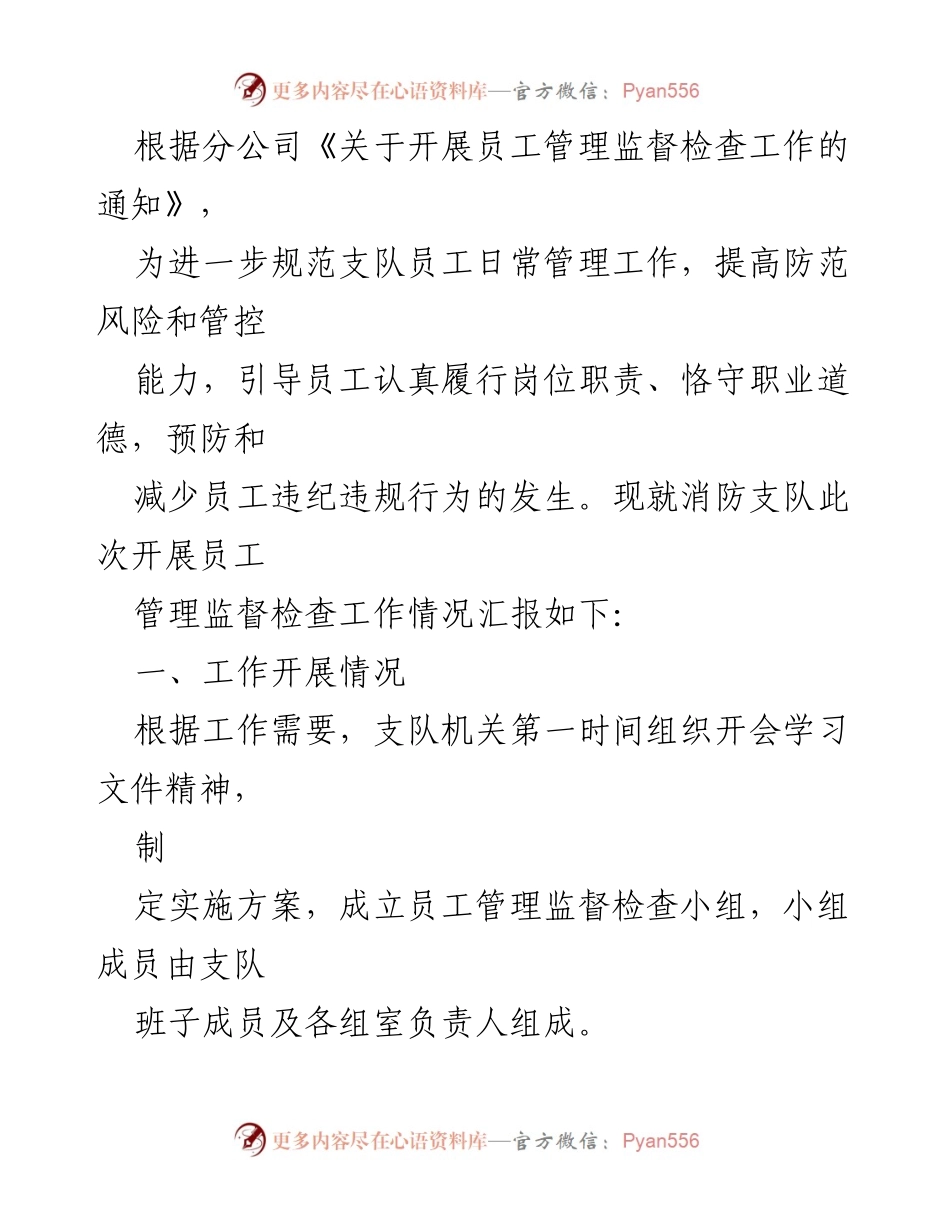 [工作总结] 消防支队 - 员工管理监督检查工作情况汇报.docx_第1页