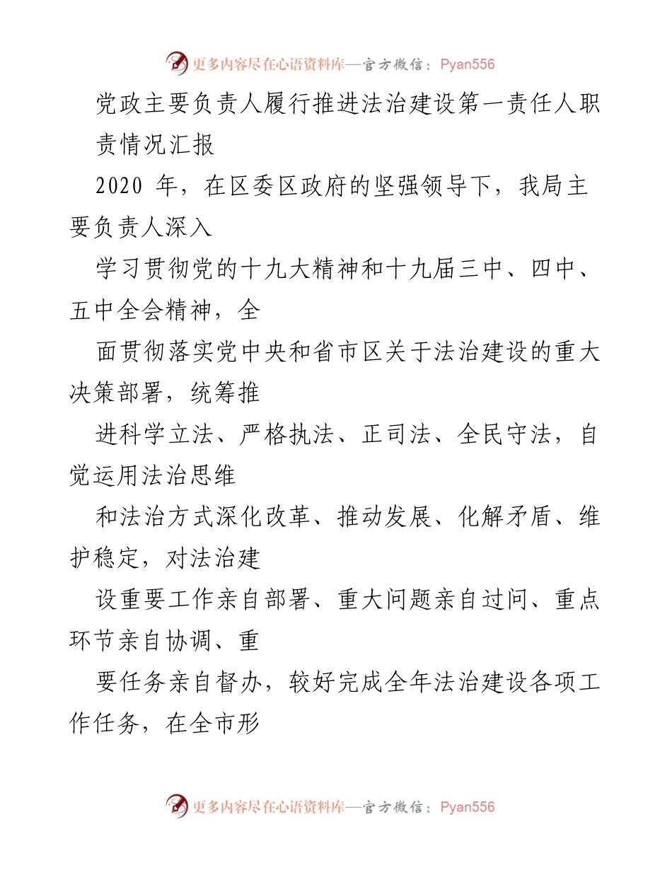 [工作总结] 法治建设 - 党政主要负责人履行法治建设第一责任人职责情况汇报.docx_第1页