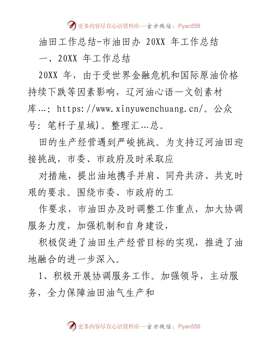 [工作总结] 油田办 - 20XX年辽河油田工作总结与协调服务成效分析.docx_第1页