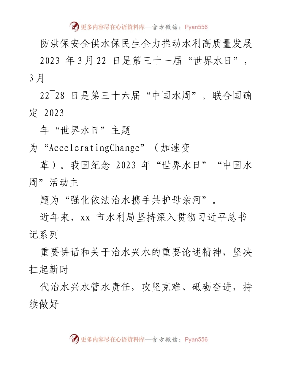 [工作总结] 水利局活动 - 推动水利高质量发展，保障民生安全.docx_第1页