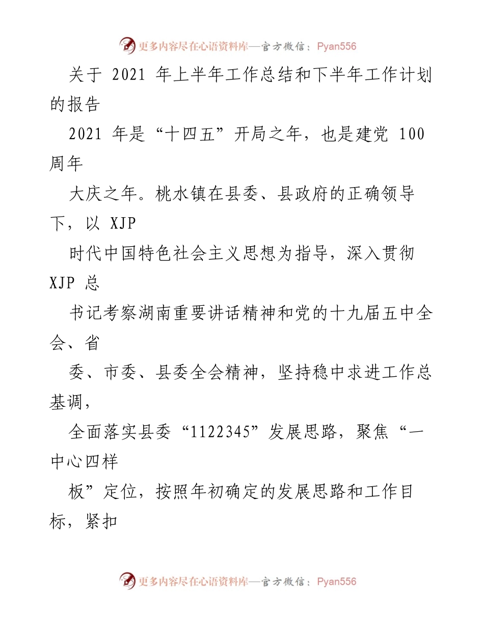[工作总结] 桃水镇 - 2021年上半年工作总结与下半年工作计划报告.docx_第1页