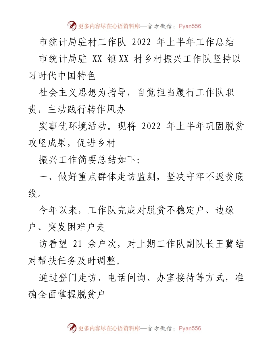 [工作总结] 村镇工作 - 市统计局驻村工作队2022年上半年工作总结.docx_第1页