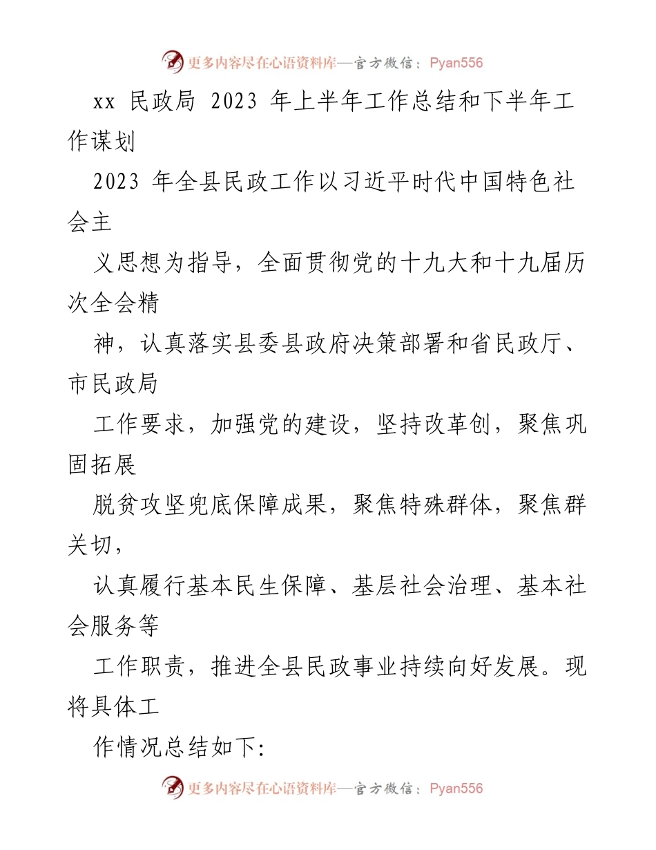 [工作总结] 民政局 - 2023年上半年民政工作总结与下半年谋划.docx_第1页