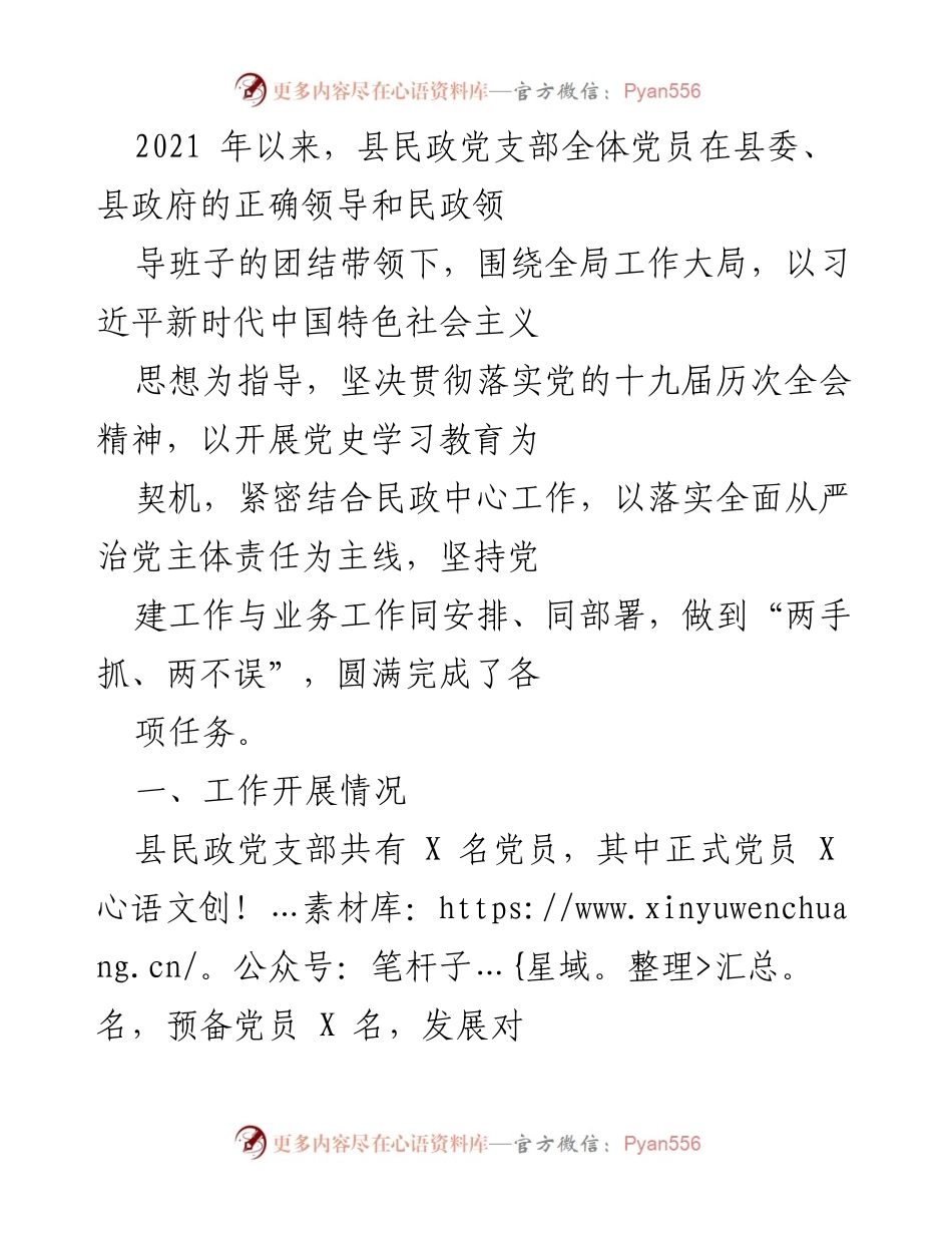 [工作总结] 民政党支部 - 2021年度县民政党支部党建工作总结与成效分析.docx_第1页