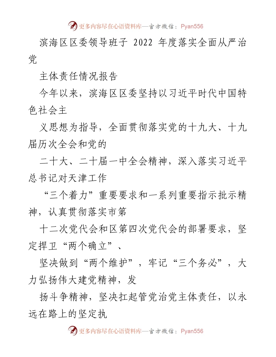 [工作总结] 滨海区 - 2022年度全面从严治党主体责任落实情况报告.docx_第1页