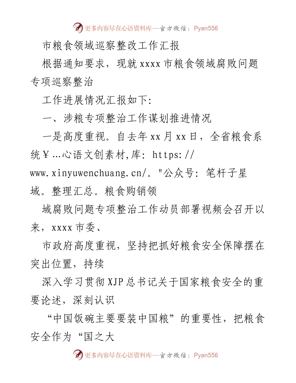 [工作总结] 粮食领域专项整治 - xxxx市粮食领域腐败问题专项巡察整改工作进展汇报.docx_第1页