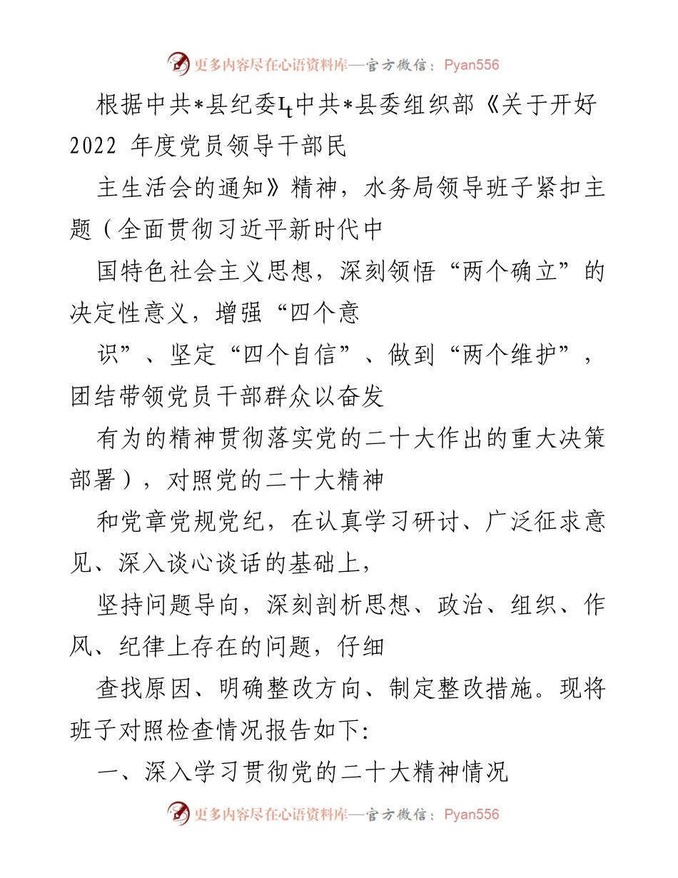 [工作总结] 水务局党员领导干部民主生活会 - 2022年度民主生活会对照检查情况报告.docx_第1页