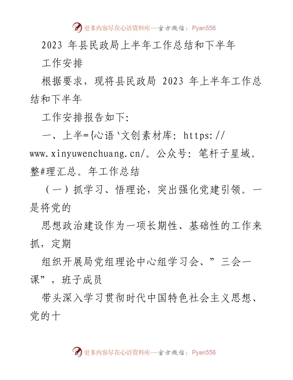 [工作总结] 民政局 - 2023年县民政局上半年工作总结及下半年工作安排.docx_第1页