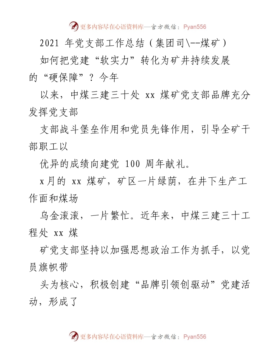 [工作总结] 煤矿党支部 - 党建引领矿井安全生产与持续发展总结.docx_第1页