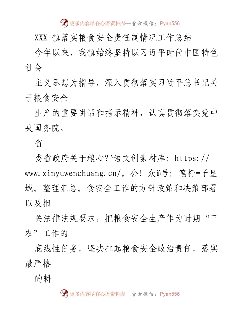 [工作总结] 粮食安全责任制落实 - XXX镇粮食安全责任制落实工作总结.docx_第1页