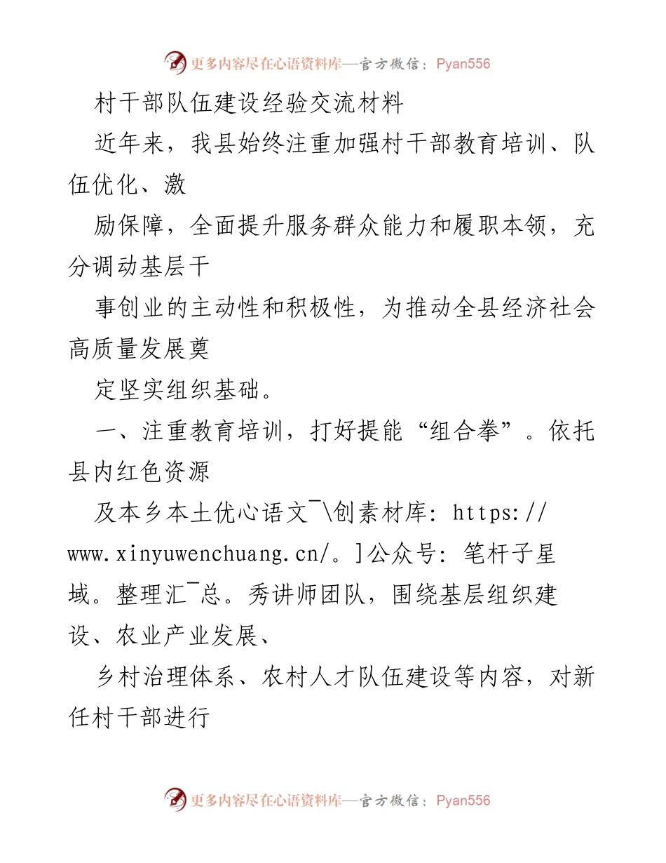 [工作总结] 村干部队伍建设经验交流 - 提升村干部能力，推动乡村振兴的经验总结.docx_第1页