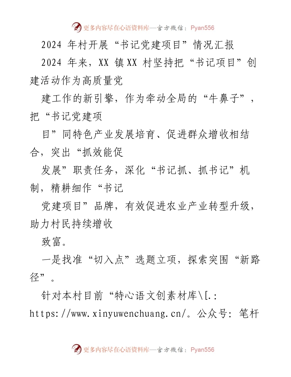 [工作总结] 村级党建活动 - 2024年XX村书记党建项目实施情况汇报.docx_第1页