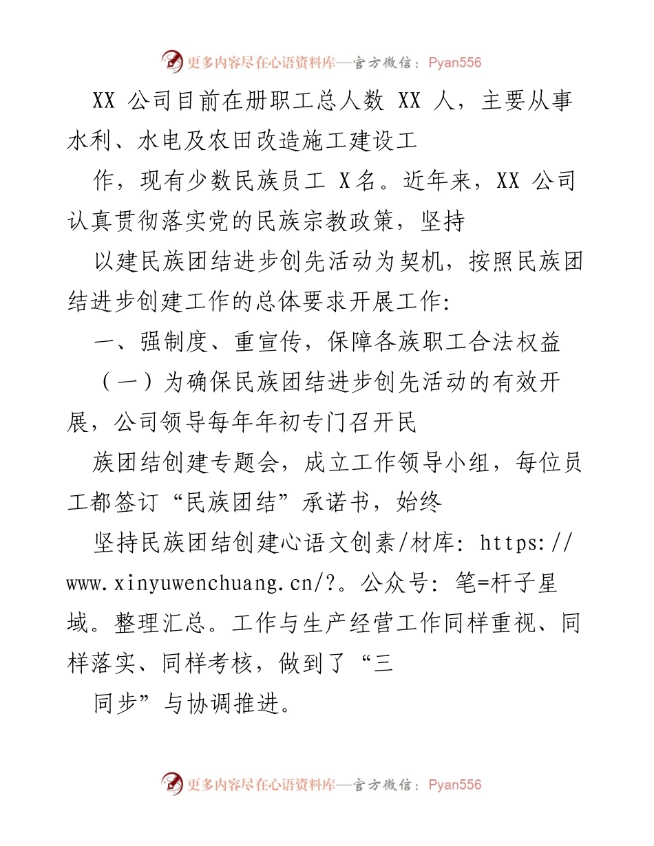 [工作总结] 民族团结创建活动 - XX公司民族团结进步创建工作的实践与成效.docx_第1页
