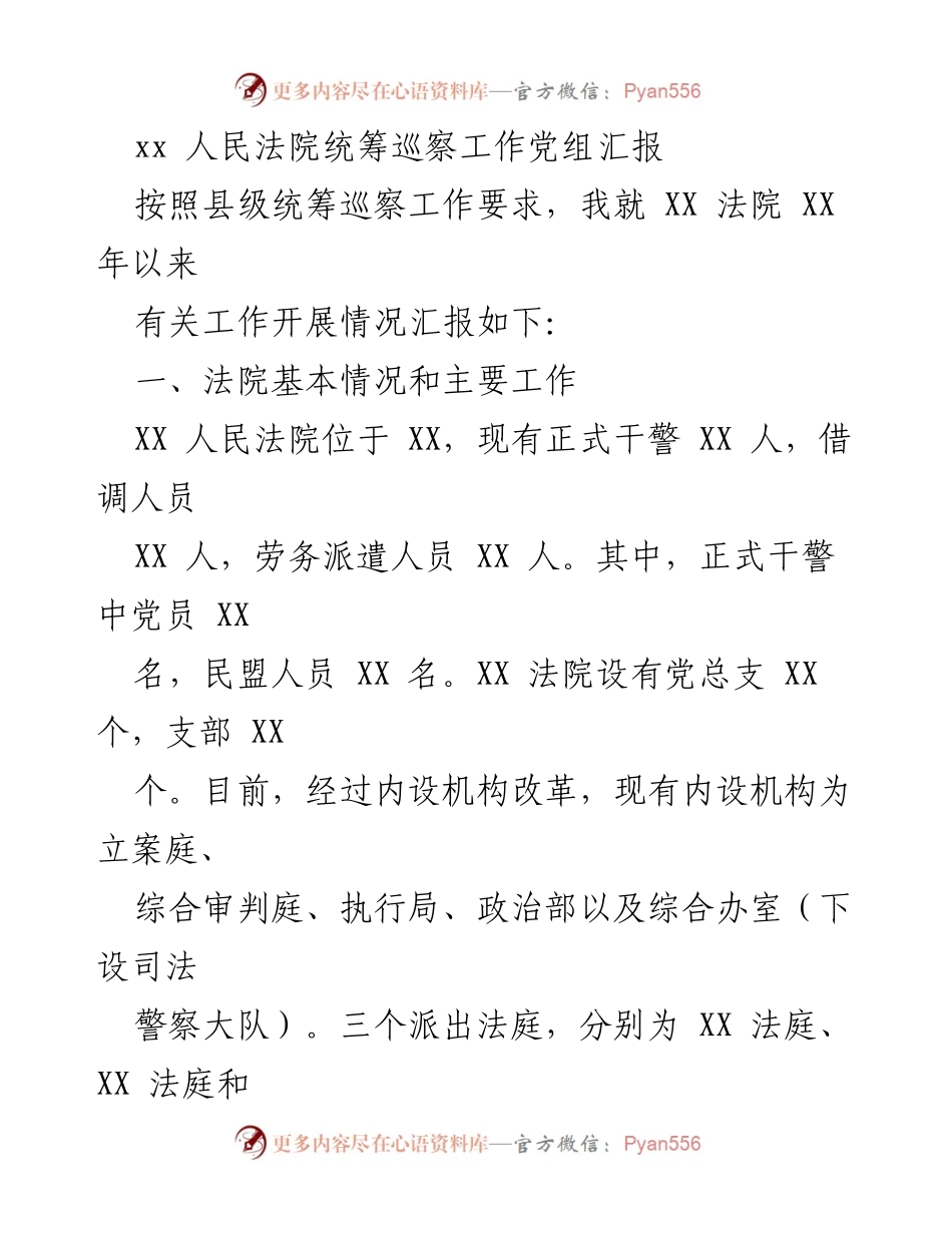 [工作总结] 法院巡察工作 - XX人民法院巡察工作开展情况汇报.docx_第1页