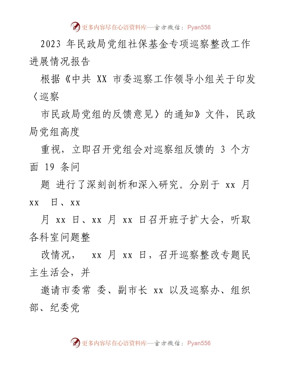 [工作总结] 民政局党组 - 2023年民政局党组社保基金专项巡察整改工作进展情况报告.docx_第1页