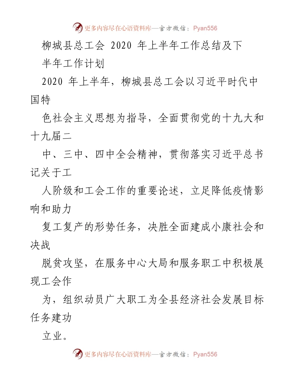 [工作总结] 柳城县总工会 - 2020年上半年工作总结及下半年工作计划.docx_第1页