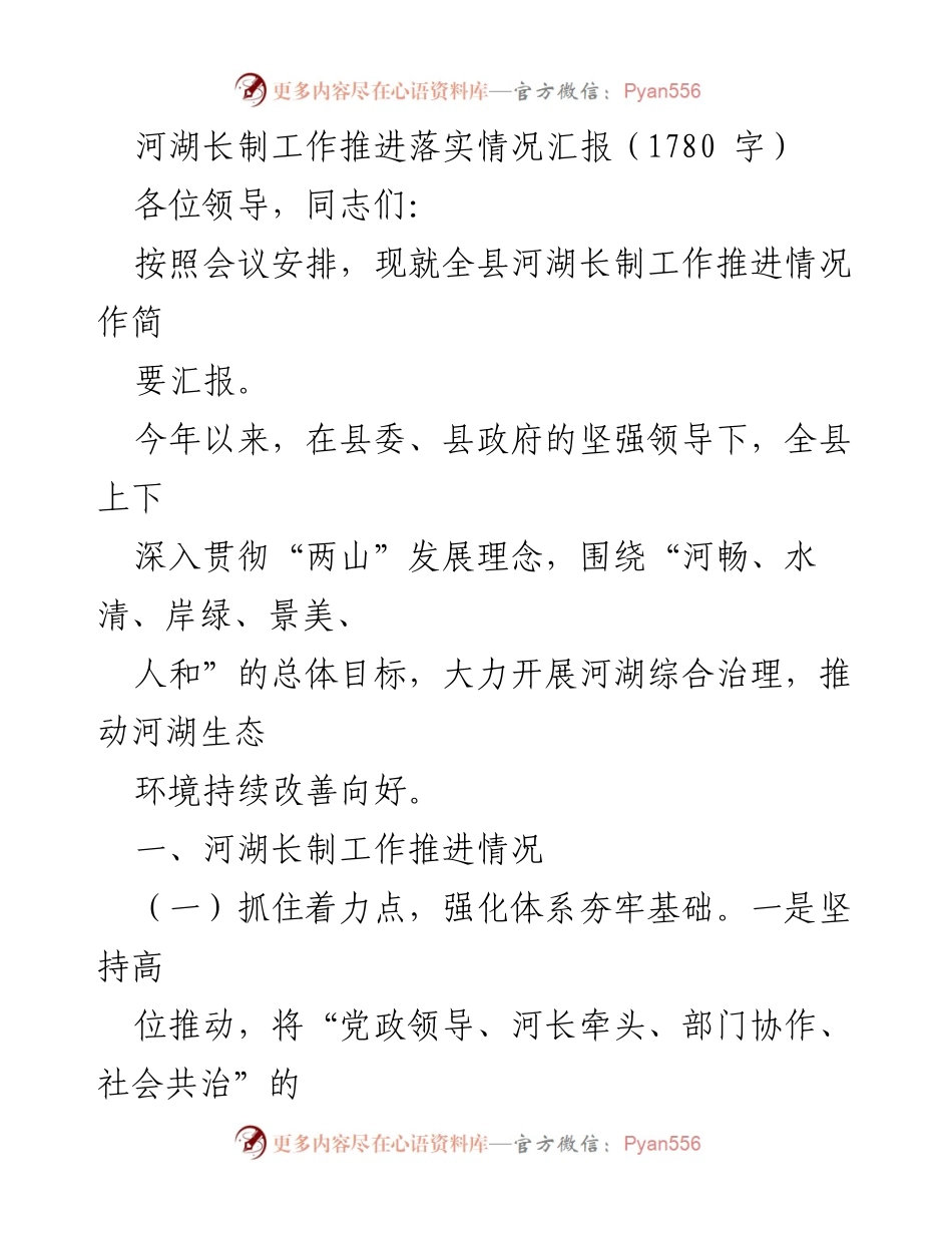 [工作总结] 河湖长制工作推进会 - 河湖长制工作推进落实情况汇报.docx_第1页