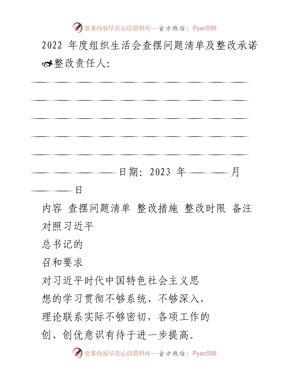 [工作总结] 组织生活会 - 2022年度问题查摆与整改承诺总结.docx_第1页
