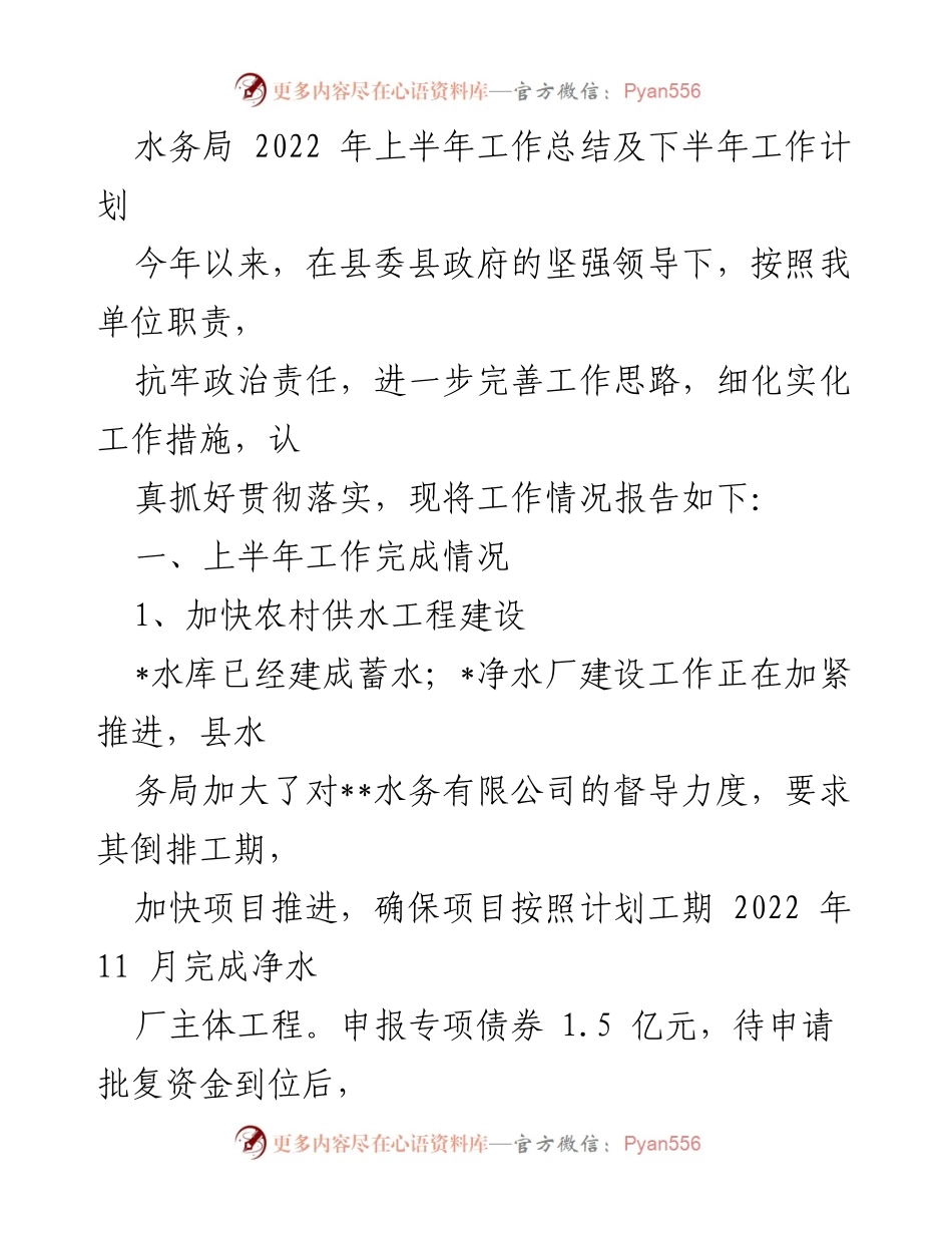 [工作总结] 水务局 - 2022年上半年工作总结及下半年工作计划.docx_第1页