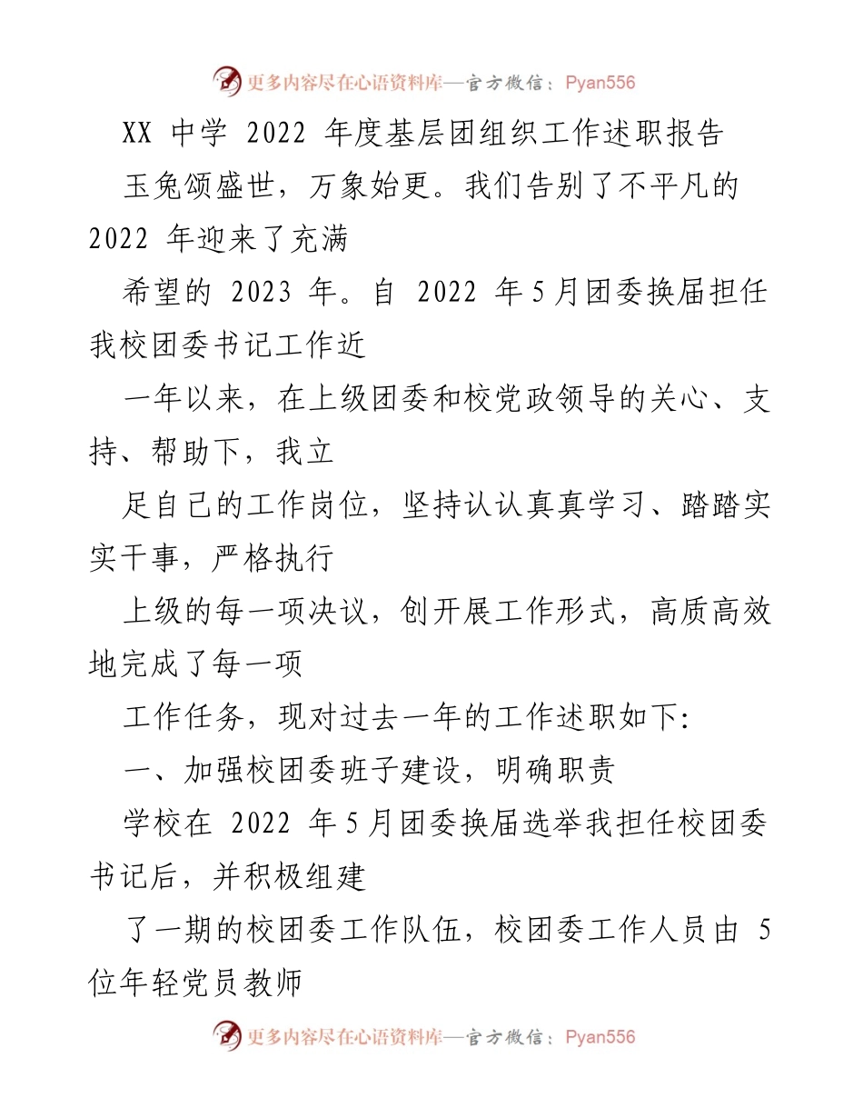 [工作总结] 校园团组织 - XX中学2022年度团组织工作述职报告.docx_第1页