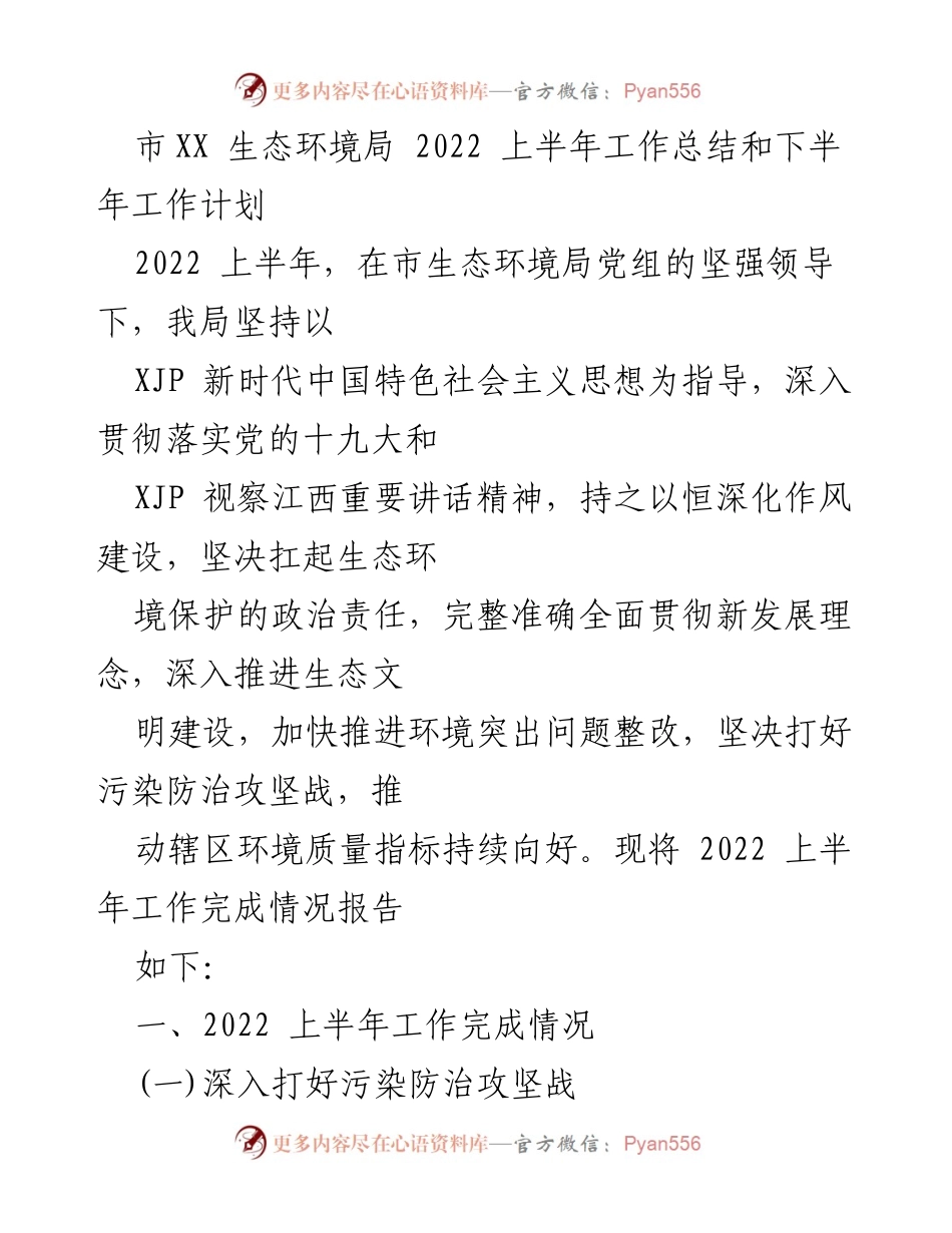 [工作总结] 生态环境局 - 2022年上半年工作总结与下半年工作计划.docx_第1页