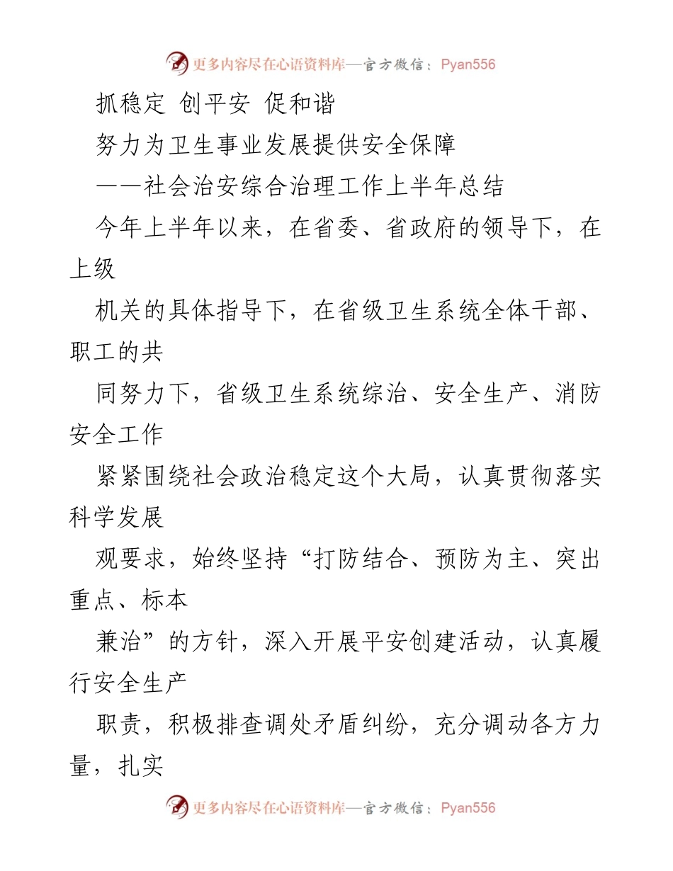 [工作总结] 社会治安综合治理 - 上半年卫生系统安全工作成效与保障措施.docx_第1页