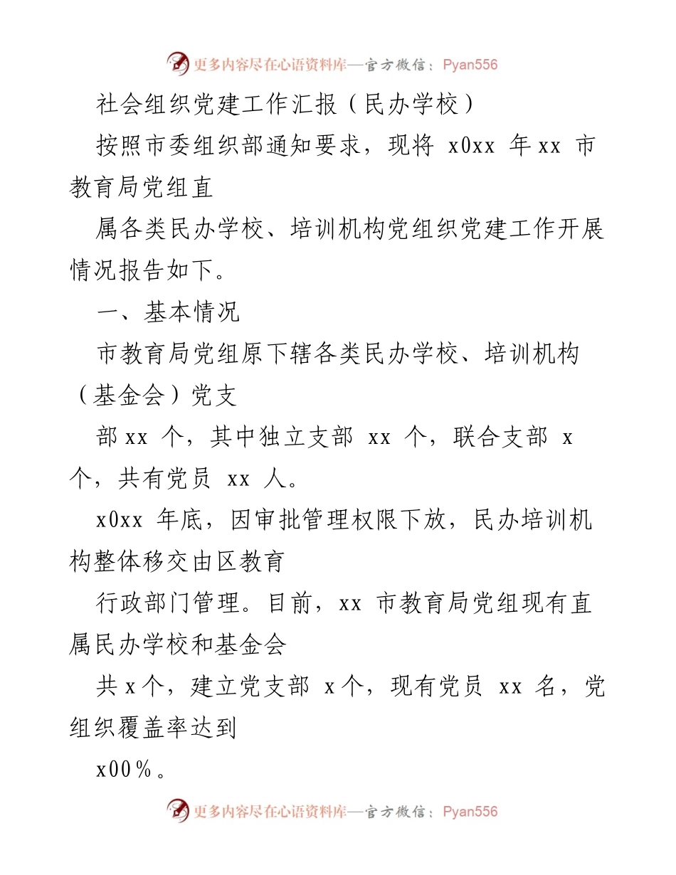 [工作总结] 民办学校党建工作 - 民办学校党建工作开展情况汇报.docx_第1页