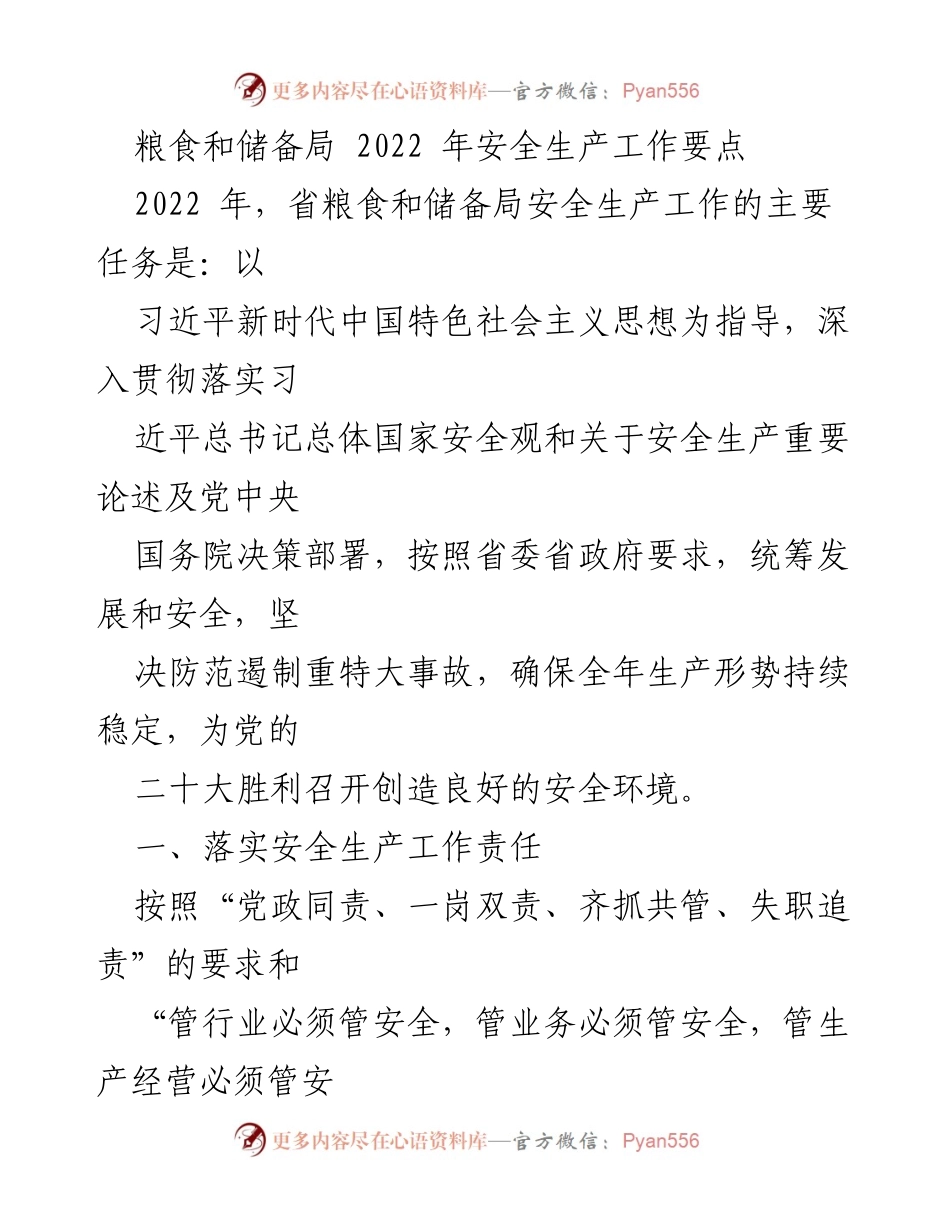 [工作总结] 省粮食和储备局 - 2022 年安全生产工作要点与落实措施.docx_第1页