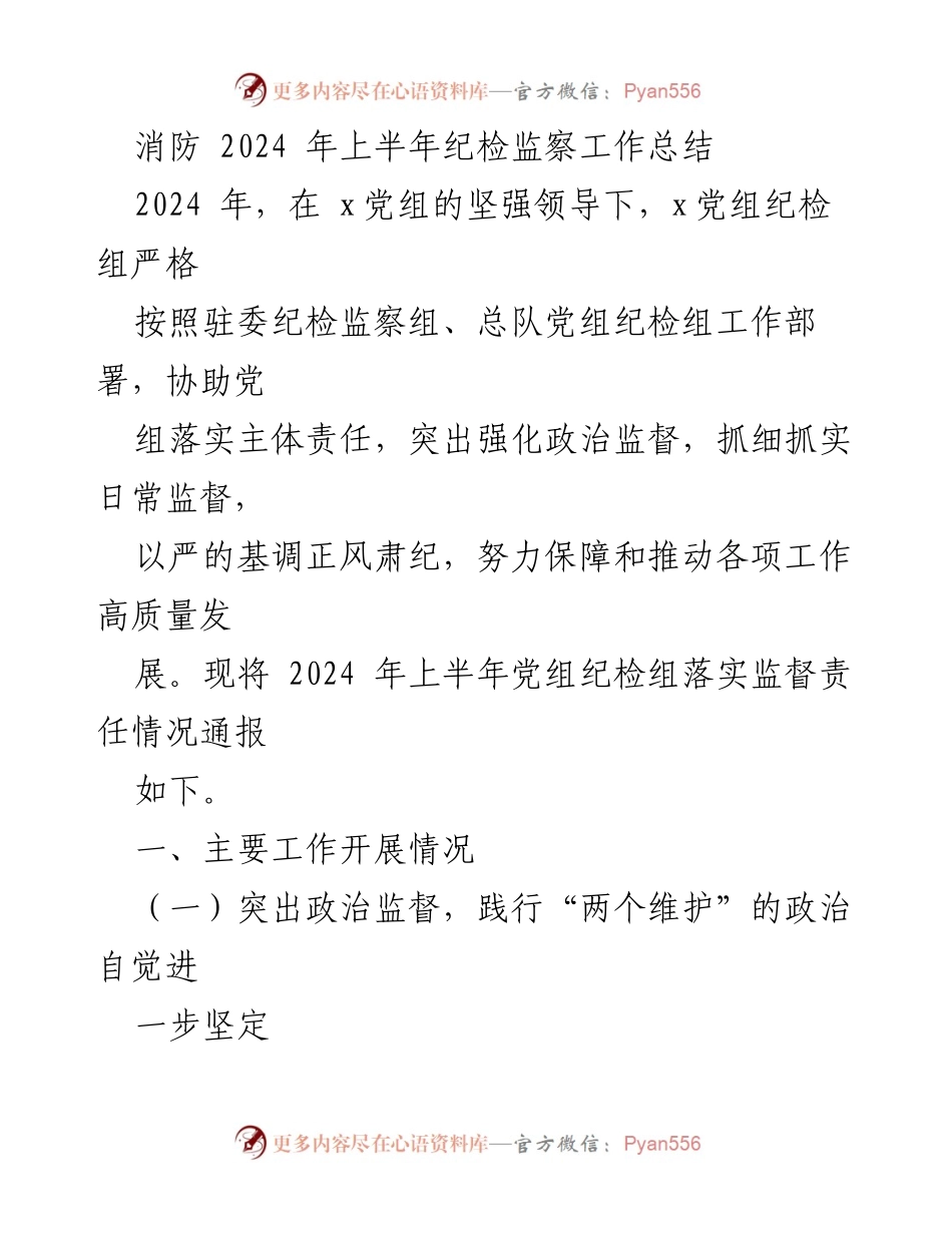 [工作总结] 纪检监察 - 2024年上半年消防系统纪检监察工作总结报告.docx_第1页