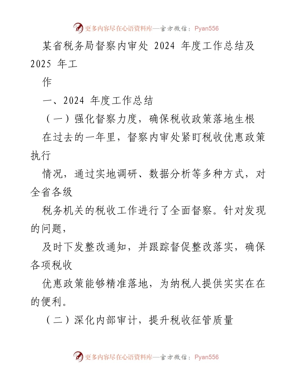 [工作总结] 税务局 - 2024年度税务督察内审工作总结及2025年工作计划.docx_第1页