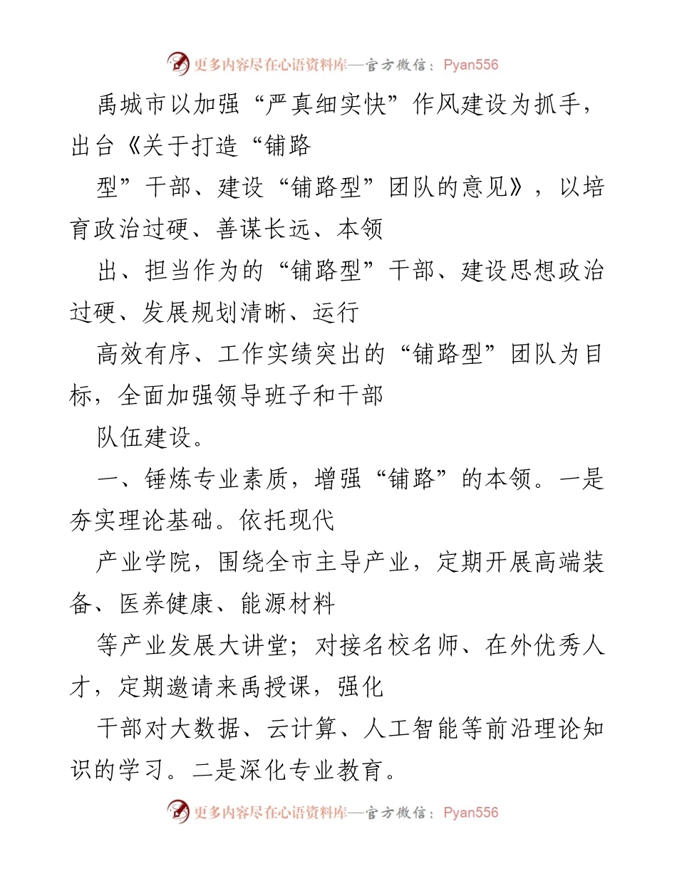 [工作总结] 禹城市干部队伍建设 - 打造“铺路型”干部与团队的实施方案.docx_第1页