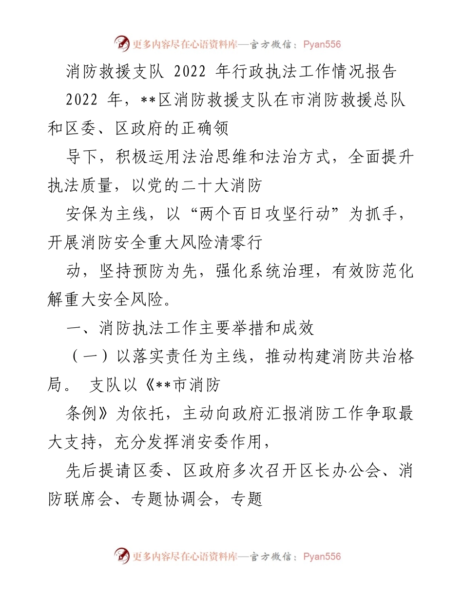 [工作总结] 消防救援支队 - 2022年消防执法工作情况报告.docx_第1页