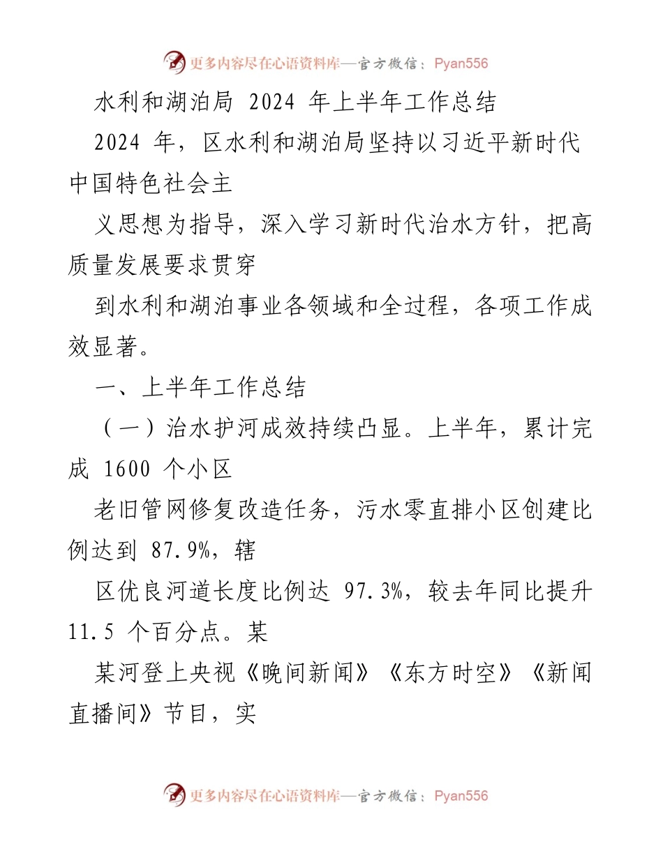 [工作总结] 水利和湖泊局 - 2024年上半年水利和湖泊局工作成效与下半年计划.docx_第1页