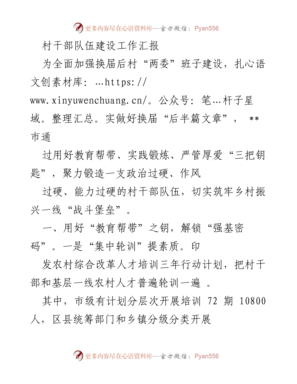 [工作总结] 村干部队伍建设 - 村干部队伍建设工作汇报与能力提升措施.docx_第1页