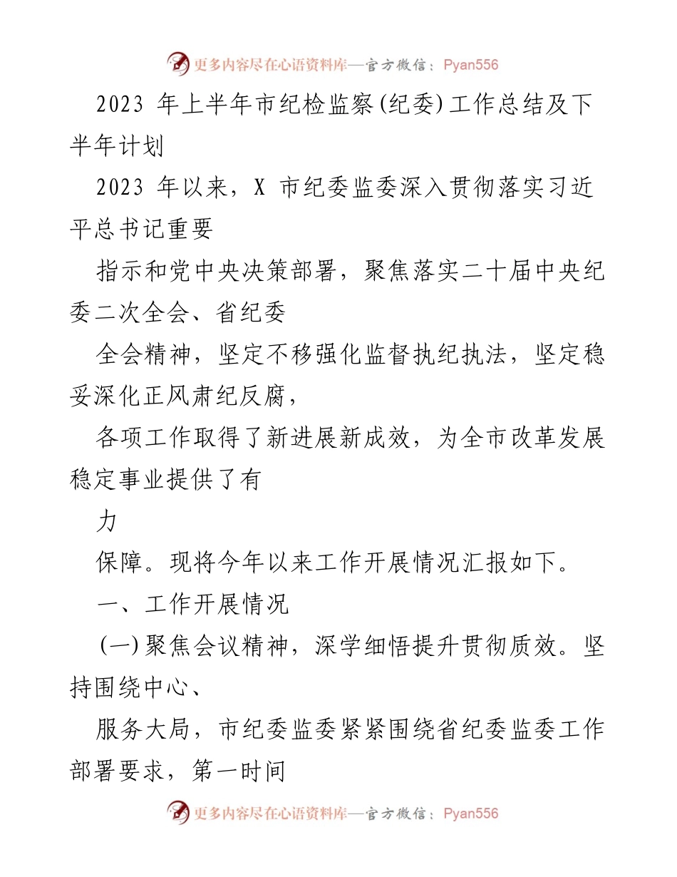[工作总结] 纪检监察工作 - 2023年上半年市纪委工作总结及下半年计划_1.docx_第1页