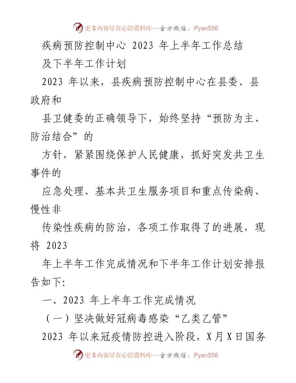 [工作总结] 疾病预防控制中心 - 2023年上半年工作总结与下半年计划.docx_第1页