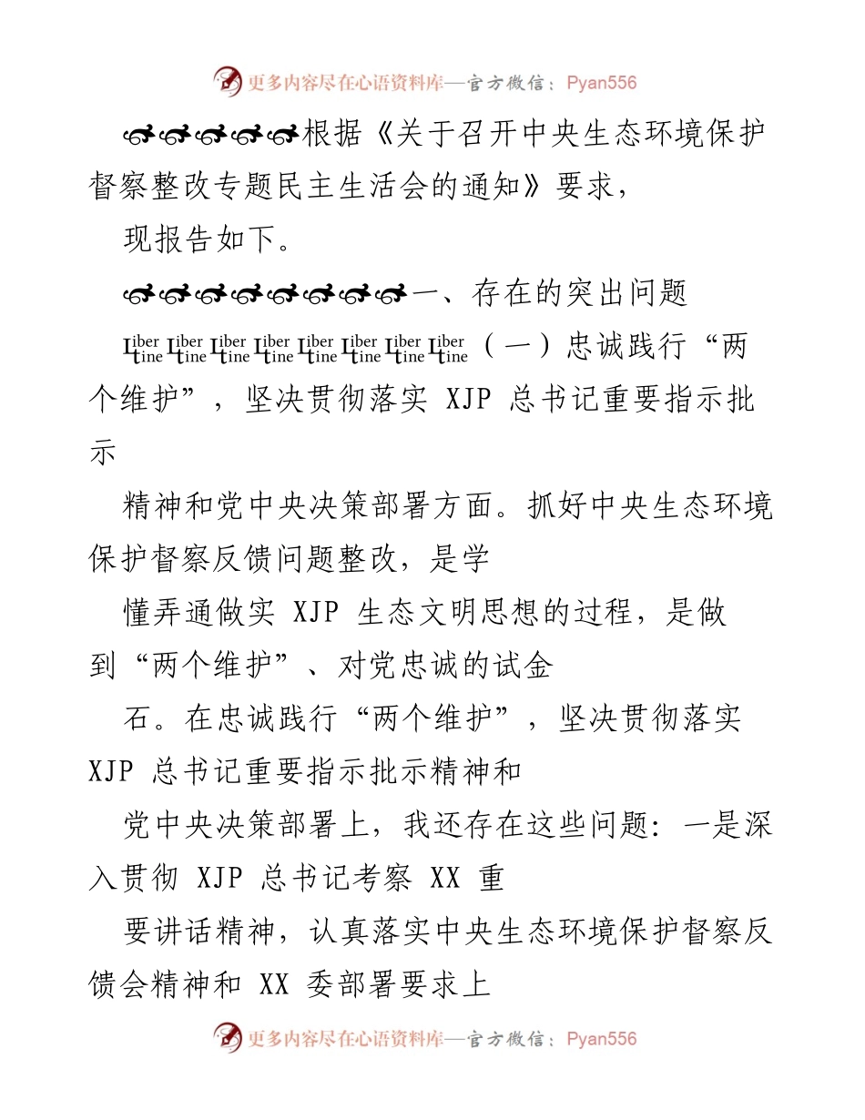 [工作总结] 生态环境保护督察整改专题民主生活会 - 中央生态环境保护督察整改工作存在问题总结.docx_第1页