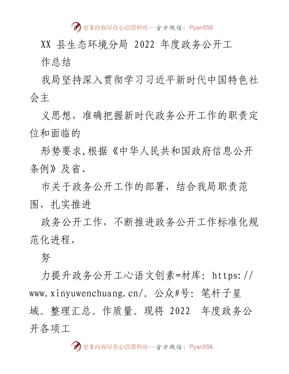 [工作总结] 生态环境分局 - 2022年度政务公开工作总结与展望.docx_第1页