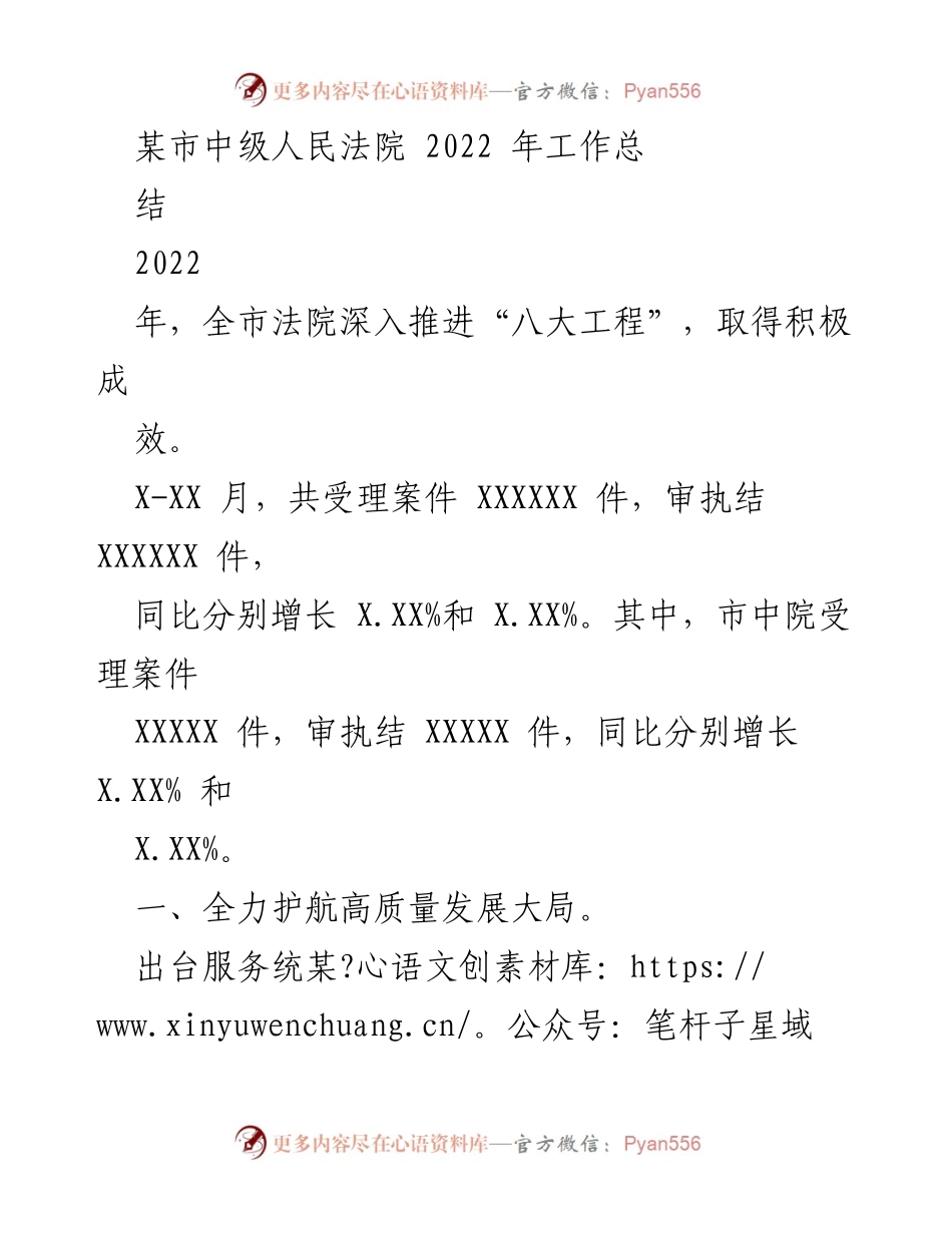 [工作总结] 法院年度工作 - 某市中级人民法院2022年工作总结与成效分析.docx_第1页