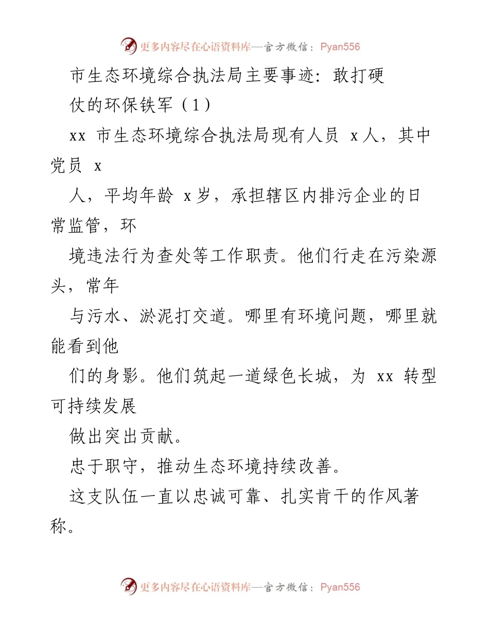 [工作总结] 生态环境执法局 - 生态环境执法局工作成就与经验总结.docx_第1页