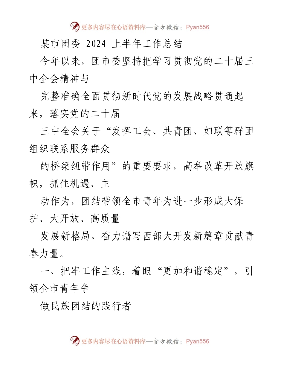 [工作总结] 某市团委 - 2024年上半年团委工作总结与青年发展推动.docx_第1页