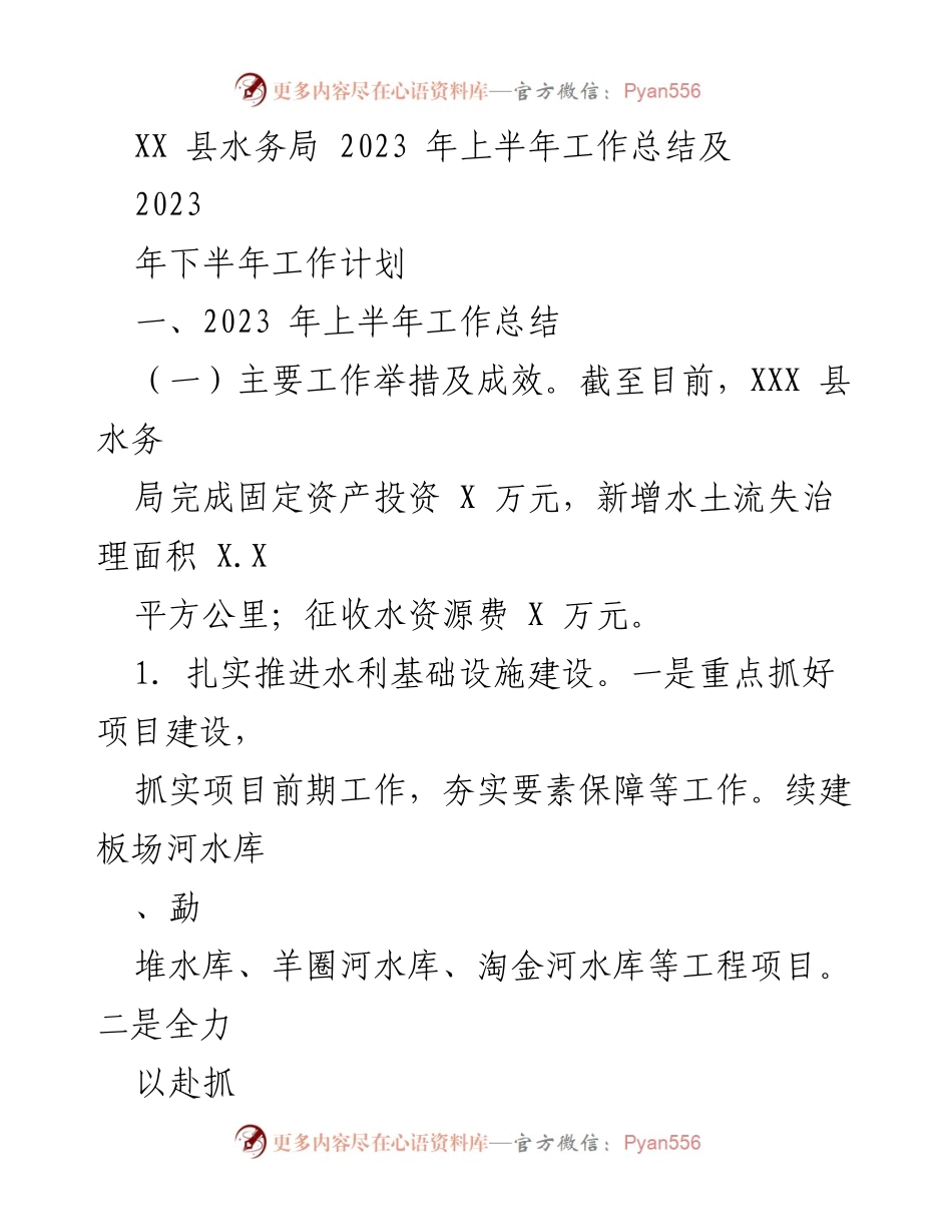 [工作总结] 水务局 - 2023年上半年工作总结与下半年计划.docx_第1页