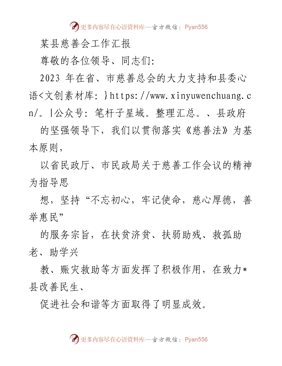 [工作总结] 某县慈善会 - 2023年度慈善工作汇报与展望.docx_第1页
